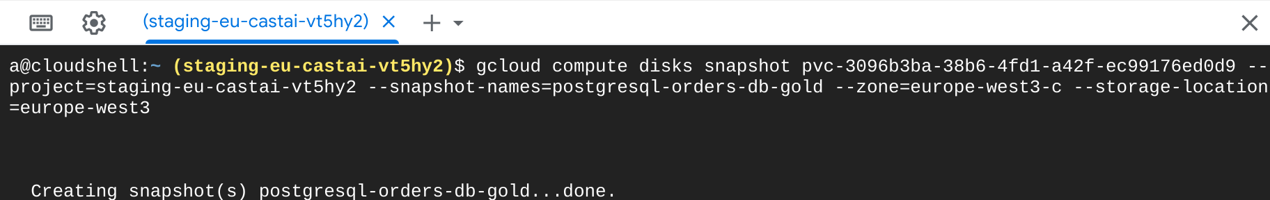 Screenshot of a terminal showing volume snapshot creation on GCP